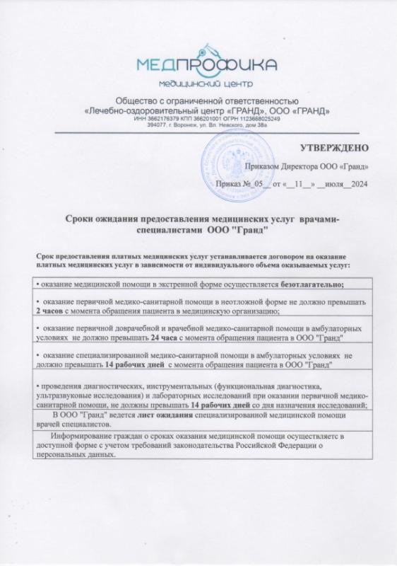 Сроки ожидания предоставления медицинских услуг врачами-специалистами ООО «МедПрофика»